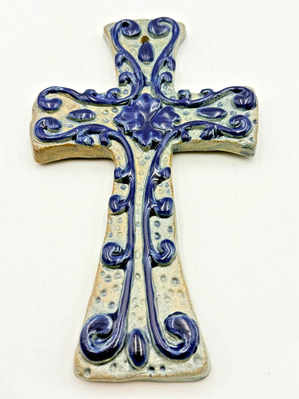 Handmade Ceramic Wall Cross Raised Cobalt Blue Scroll Pattern Celtic Folk Art